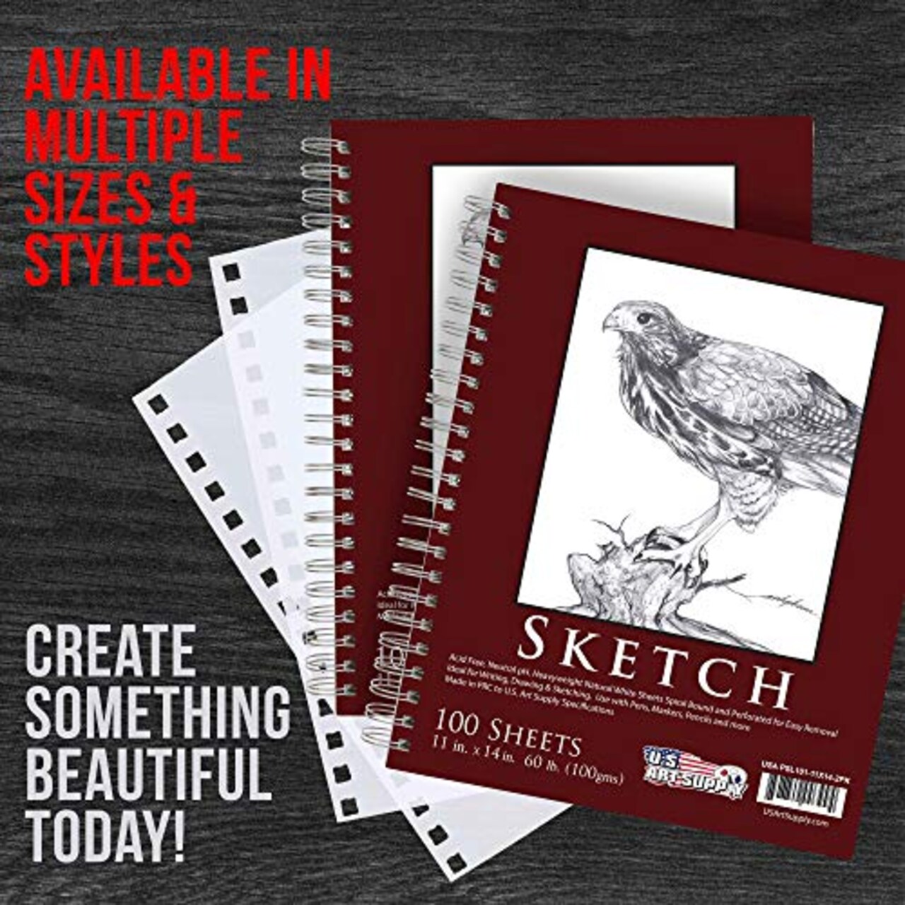 11" x 14" Sketch Book Pad, Pack of 2, 100 Sheets Each, 60lb (100gsm) - Spiral Bound Artist Sketching Drawing Paper Pad, Acid-Free - Graphite Colored Pencils, Charcoal - Adults Students